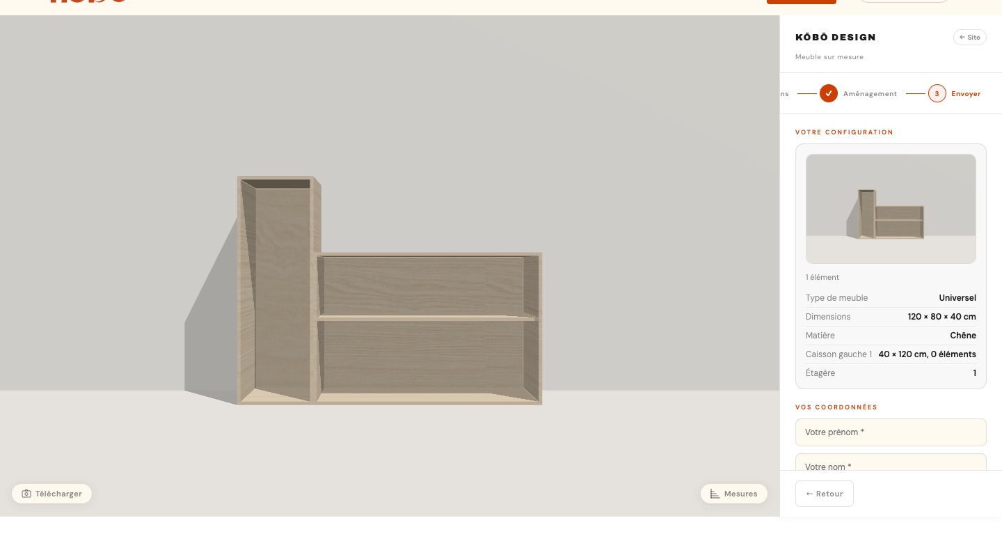 Récapitulatif final de la configuration avant envoi, avec le résumé des dimensions et éléments