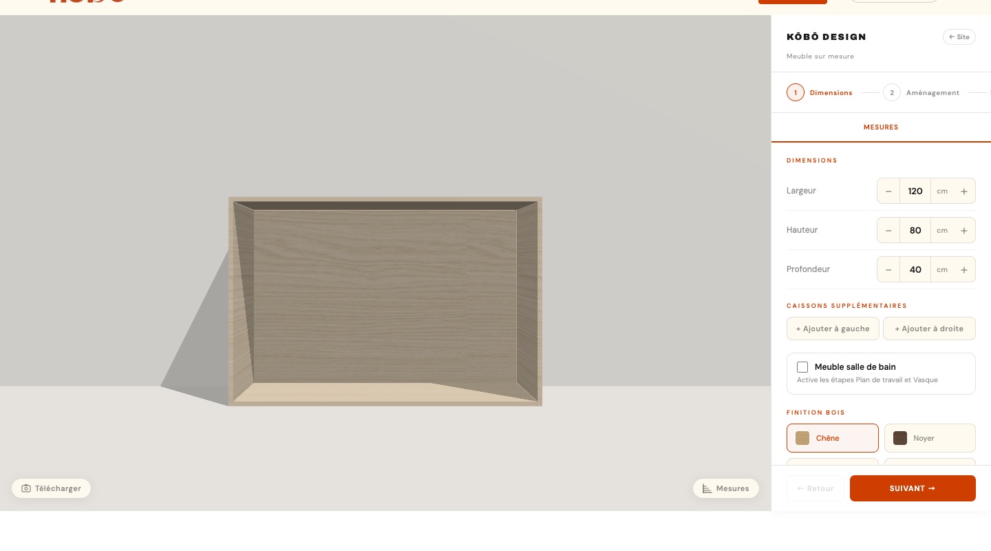 Étape Dimensions du configurateur Kōbō Design avec les curseurs largeur, hauteur, profondeur