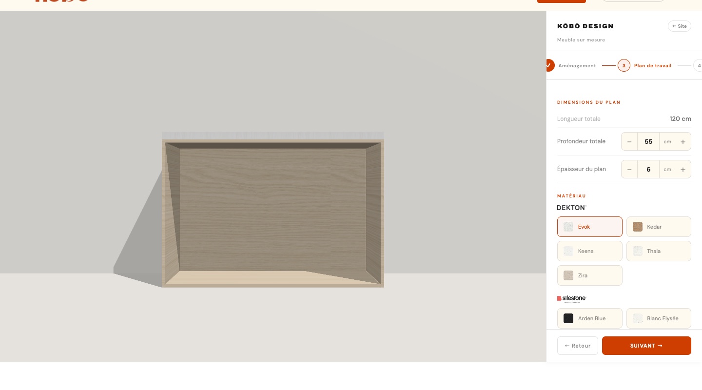 Étape Plan de travail du mode salle de bain avec épaisseur réglable et choix du matériau Dekton ou Silestone